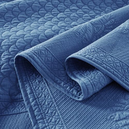 MarCielo 3-Piece 100% Cotton Oversized Bedspread Lightweight Quilt Coverlet Embroidery Farmhouse Bedding Set (TM Midtone Blue, Oversized King (118"x106"))