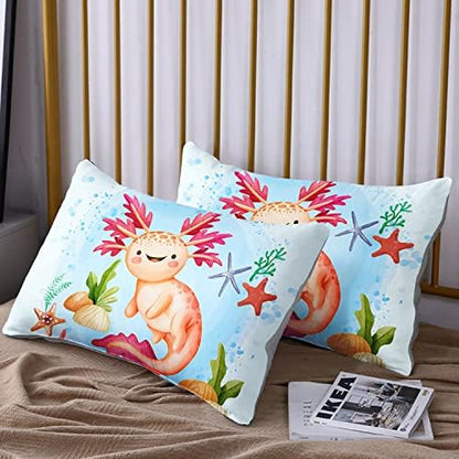 HOSIMA Axolotl Bedding Set for Kids Room Decor,Cartoon Starfish Pattern Kawaii Set,Twin Comforter Girls Child Boys,Cartoon Sea Animals Twin with 2 Pillowcase. Blue-red