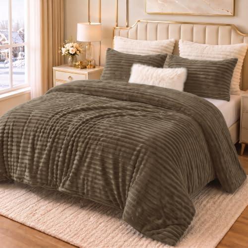 CozyLux Fleece King Size Comforter Set, 3 Piece Warm Taupe Bedding