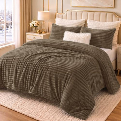 CozyLux Fleece King Size Comforter Set, 3 Piece Warm Taupe Bedding