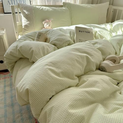 mixinni Green Gingham Duvet Cover Full Size - 3 Piece Cottagecore Plaid Bedding Set with Lace Trim, Soft Washed Microfiber Vintage Aesthetic Grid Comforter Cover & Pillow Shams, (Green White Gingham)