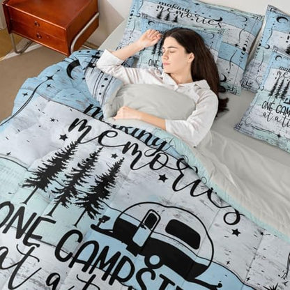 Erosebridal 7Pcs Camper Decorations Bedding Set for Boys Full Size, Happy Camping Comforter Set, Boho Sun Moon Bedding Comforter Sets, Vintage Wooden Planks Sheet Set Rustic Farmhouse Decor, Blue