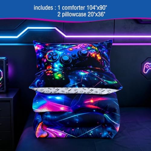 Feelyou Kids Gamer Comforter Set King Size, Galaxy Gaming Bedding Set Glitter Game Comforter Boys Girls Gamepad Teens Duvet Set Bedroom Decor Bed Set 3Pcs