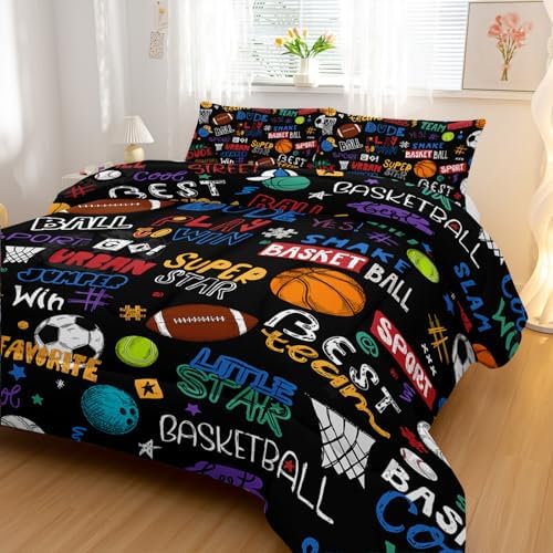 Nttopship Sports Ball King Comforter Set,Football Rugby Basketball Bedding Set for Kids Boys Girls Youth Ball Sports Themed Bedroom Decor Bedding Set 3 Pcs Bed in A Bag (1 Comforter, 2 Pillow Case)