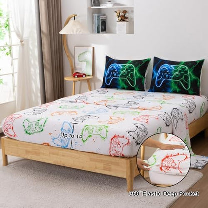 Meeting Story 5-Piece Boys Bedding Set Queen Size Green and Blue Game Console Kids Bed in A Bag Soft Lightweight Video Gamepad Bedroom Set(Bluegreen)