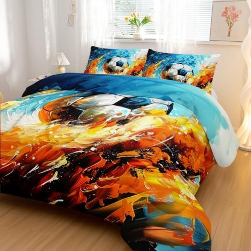 Nttopship Sports Soccer Comforter Set Twin Size Bedding Sets 3PCS for Kids Teen Adult Sports Room Decor Ultra-Soft Lightweight Microfiber 1 Comforter with 2 Pillowcases