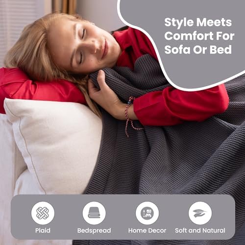 Dalisa 100% Organic Turkish Cotton Throw Blanket - GOTS Certified, Cozy - Perfect for Couch, Bed, and Home Decor - Boho Vintage Knit Alina (Dark Grey, 50x60)