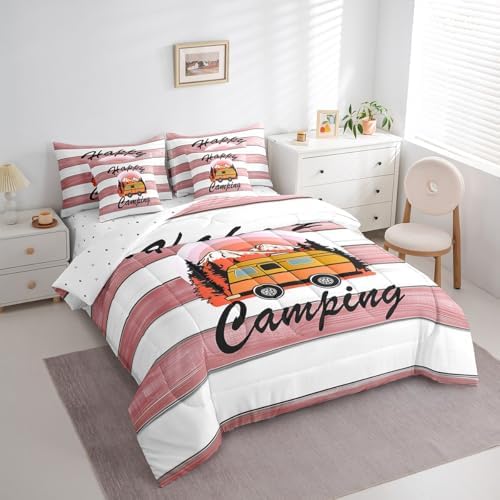 Erosebridal Happy Camping Comforter Set Full Size,Cartoon RV Bedding Set for Kids Teens,Pink Wooden Plank (Comforter+Fitted+Flat Sheet+2 Pillowcases+2 Throw Pillow Covers) 7 Pieces Bed Set