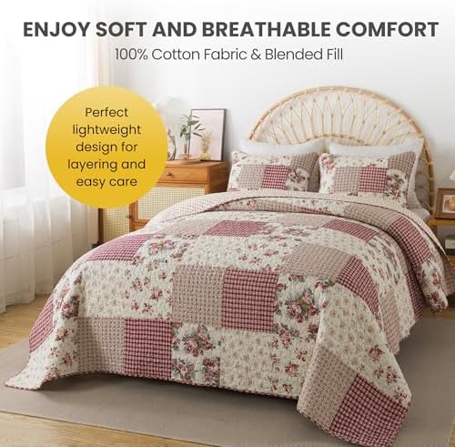 SLPR - Country Roses Red Floral Patchwork Quilt Set, Twin with 1 Sham