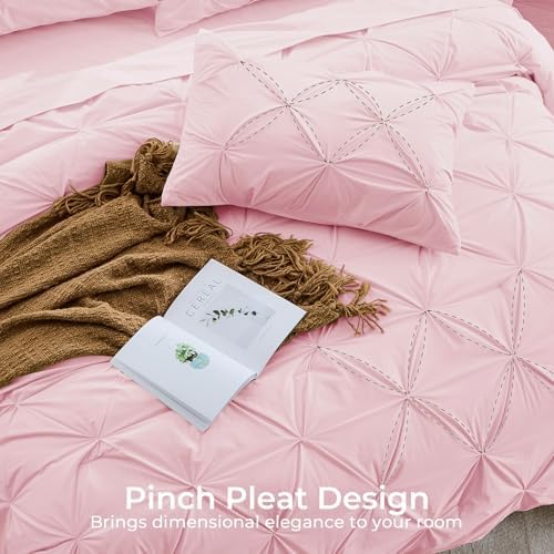 Sasttie Oversized Queen Comforter Set, 7-Piece Bed in a Bag, Pintuck Bedding Sets for All Season, Includes Comforter, Flat Sheet, Fitted Sheet, Pillowcases and Pillowshams, Baby Pink