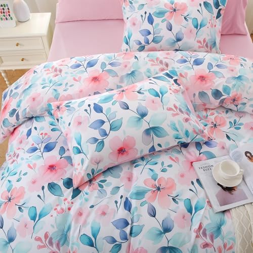 MUXHOMO Pink Blue Branch Bed in a Bag Queen 7 Pieces, Queen Comforter Set Reversible Botanical Flowers Design, Ultra Soft & Breathable Bedding Sets with Comforter, Sheets, Pillowcases & Shams