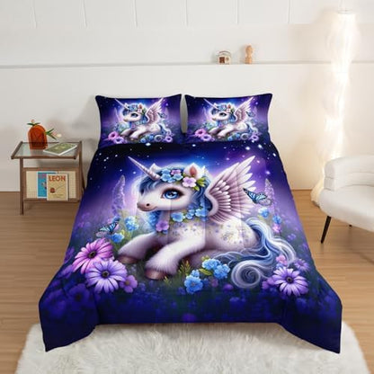 HOSIMA Starry Print Unicorn Twin Comforter for Kids with 2 Pillowcases.