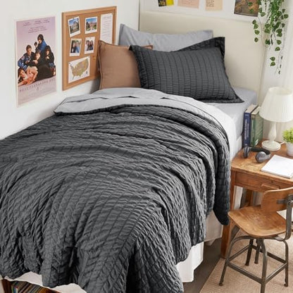 HYMOKEGE Dark Grey/Light Grey Twin XL Comforter Set Seersucker 5 Pieces, All Season Luxury Bed in a Bag for Bedroom, Bedding Set with Comforter, Sheets, Pillowcase & Sham