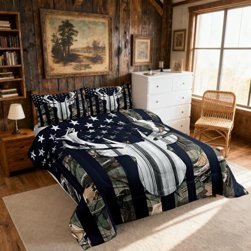 Camo Toddler Size Bedding Set for Boys, Army Green Camo American Flag Comforter Set,Teens Camouflage Deer Animal Hunting Quilt Set Rustic Farmhouse Woodeen Cabin Decor Bedding Quilt,1 Pillowcase