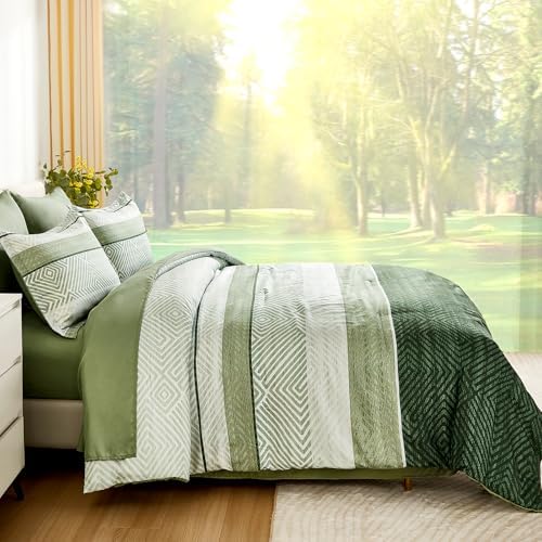 Drucon Olive Green Comforter Set Queen Size 7 Piece Bed in a Bag