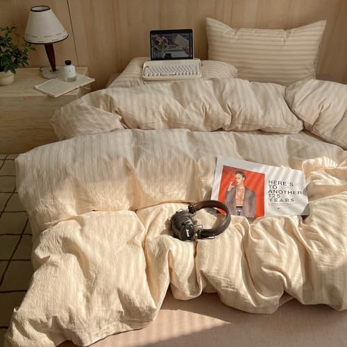 mixinni Striped Comforter Set King Size - Beige Comforter with Black White Stripes Pattern, 3 Pieces All Seasons Bedding Set, Soft Breathable Vintage Farmhouse Comforter with Pillowcases