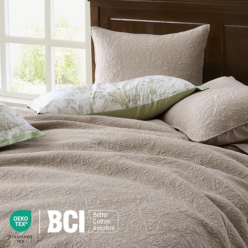 WDCOZY King 100% Cotton Paisley Quilt Bedding Set Beige Comforter