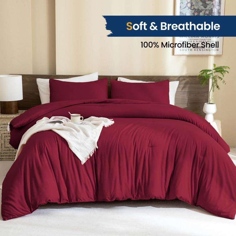 Paxrac Burgundy Comforter Set Queen, 3 Pieces Lightweight Solid Bedding Set, Soft Fluffy Comforter, All Season Bed Set (90"x90" Comforter & 2 Pillowcases)