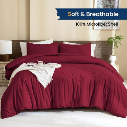 Paxrac Burgundy Comforter Set Queen, 3 Pieces Lightweight Solid Bedding Set, Soft Fluffy Comforter, All Season Bed Set (90"x90" Comforter & 2 Pillowcases)