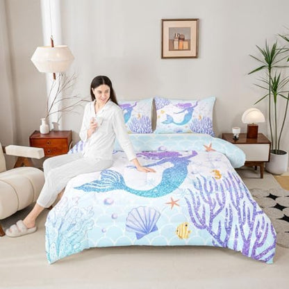Castle Fairy Mermaid Comforter Set King Size Rainbow Watercolor Glitter Bedding Set for Kids Girls Women Teens Room Decor, Mermaid Fish Scale Quilt Set Ocean Coral Shell Duvet Insert 3pcs