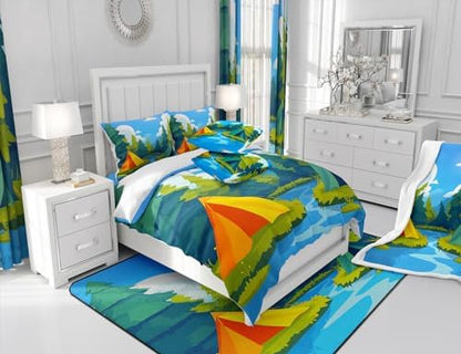Happy Camping Comforter Set King Size,Camper Adventure Theme Bedding Set for Kids Teens Adults Room Decor,Nature Scenery Quilt Set 3Pcs,Tents River Tree Blue Sky Cloud Duvet Insert,2 Pillowcases