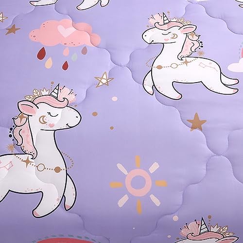Wajade Kids Purple Unicorn Comforter Set Bed in A Bag Full Size 7 Piece Cute Unicorn Rainbow Clouds Bedding Set for Girls (1 Comforter, 1 Flat Sheet, 1 Fitted Sheet, 2 Pillowcase and 2 Pillow Sham)