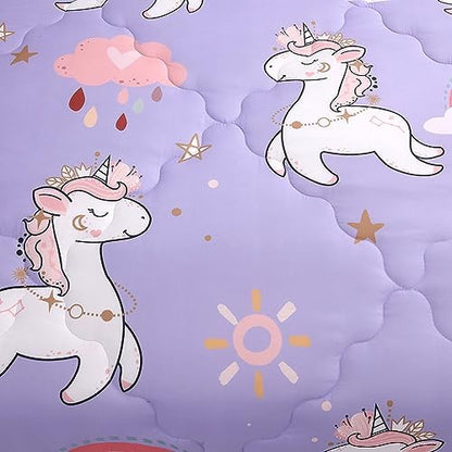 Wajade Kids Purple Unicorn Comforter Set Bed in A Bag Full Size 7 Piece Cute Unicorn Rainbow Clouds Bedding Set for Girls (1 Comforter, 1 Flat Sheet, 1 Fitted Sheet, 2 Pillowcase and 2 Pillow Sham)