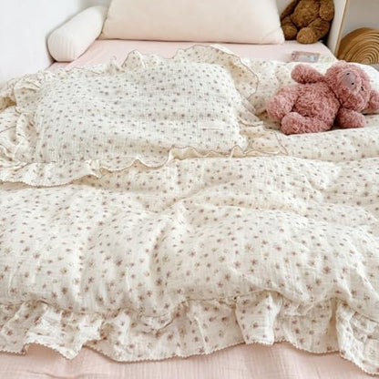 VM VOUGEMARKET 3 Pieces Full Cream Duvet Cover Set Ruffled,Girls Double-Layer Cotton Gauze Duvet Cover with Floral Pattern,Zipper Closure & Corner Ties,80"x90"