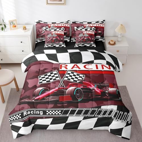 Race Car 7 Pcs Comforter Set Queen Size Bed in a Bag,Red Camouflage Print Racing Car Bed Set Room Decor,Geometric Grids Bedding Sets with Comforter,Flat,Fitted Sheet,Pillowcases,Pillow Covers