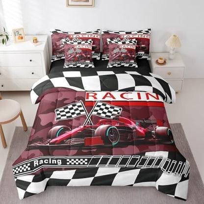 Race Car 7 Pcs Comforter Set King Size Bed in a Bag,Red Camouflage Print Racing Car Bed Set Room Decor,Geometric Grids Bedding Sets with Comforter,Flat,Fitted Sheet,Pillowcases,Pillow Covers