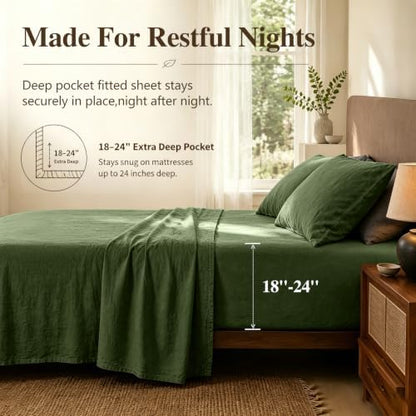 MEISHANG 100% French Linen Sheets Queen,4 Pcs,18-24" Extra Deep Pocket