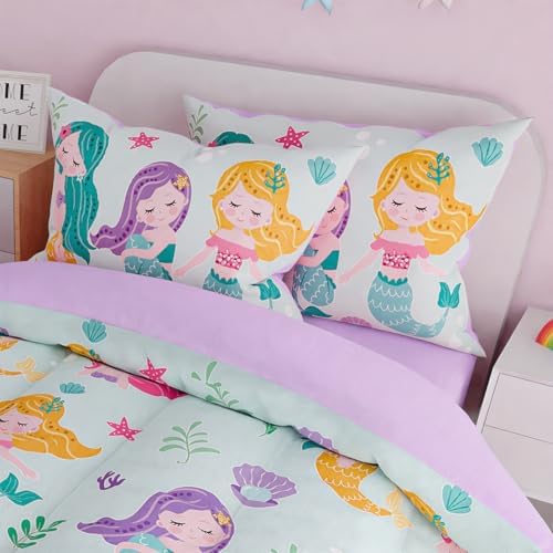 SANDJEST Mermaid Bedding Full for Girls, Ultra Soft Microfiber Comforter Set Full Size with 4-Pieces, Comforters Bed Sets for Kid Children Teen Tween Bedroom Decor