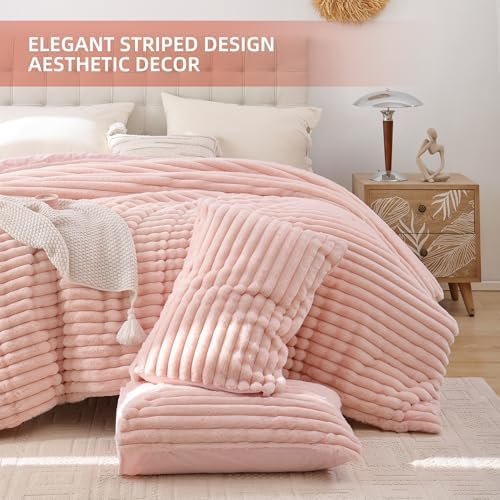 Smoofy Fluffy King Size Comforter 3 PCS - Blush Pink Fleece Bedding Set