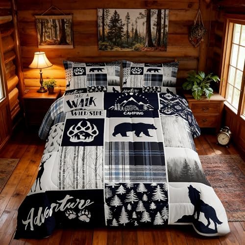 Manfei Deer Bear Kids Comforter Set Twin Size,Wolf Hunting Adventure Rustic Bedding Set for Boys Girls Adults Room Decor,Geometric Plaids Patchwork Down Comforter,Blue Xmas Duvet Insert,1 Pillowcase