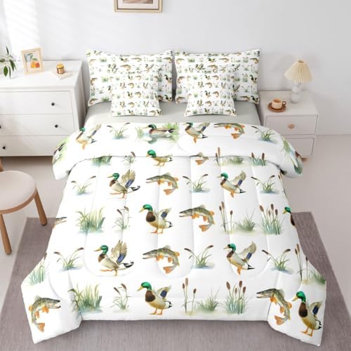 Erosebridal Mallard Duck 7 Piece Bed in A Bag Twin Comforter Set Bass Fish Hunting Bedding Set for Girls Kids Wild Duck Reed Woodland Sheet Set with Comforter Pike Fish Waterfowl Quilt Duvet