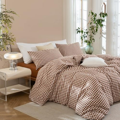 JIYUAN Queen Washed Cotton Duvet Cover Set, 3-Piece,Classic Gingham