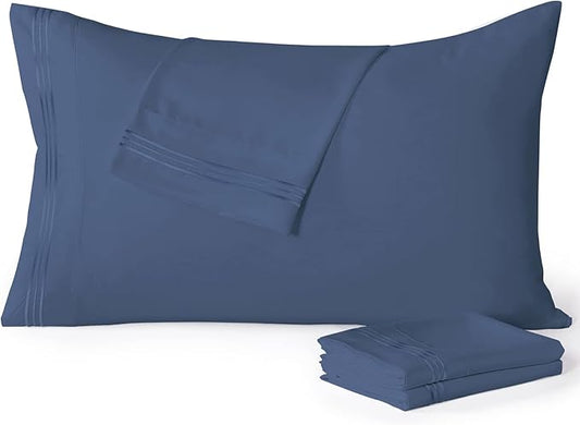 YIYEA Pillow Cases Queen Size Set of 4, Ultra Soft 1800TC Hotel Quality Double Brushed Microfiber Embroidered Pillowcases, Envelope Closure, Fade Resistant (20"x30", Denim)