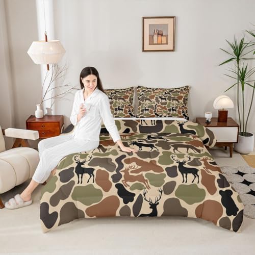 Homewish Deer Camo Comforter Set Queen Size,Army Green Camouflage Bedding Sets 3Pcs for Kids Women Room Decor,Hunting Deer Quilted Duvet Hunt Wild Animals Down Comforter,2 Pillowcases