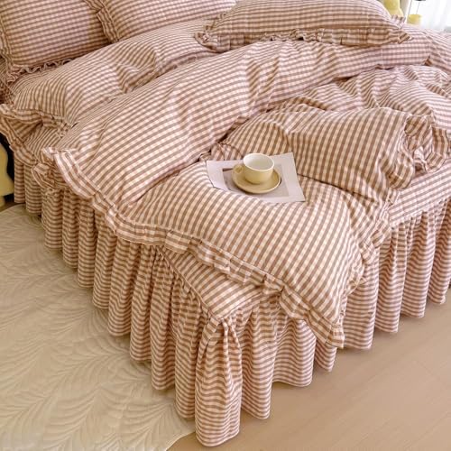 LifeTB Pink Gingham Comforter Set King 3 Pieces Ruffle Pink Plaid Comforter Set Fluffy Soft Grid Bedding Set Vintage Checkered Comforter with 2 Pillowcases Farmhouse Gingham Plaid Bedding Set King