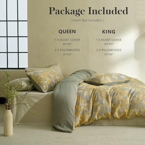Simple&Opulence Muslin Duvet Cover Set King Size, 100% Washed Cotton 3 Pieces Yarn-Dyed Vintage Yellow Floral Jacquard Textured Bedding, Soft & Breathable Gauze Comforter Cover with Zipper Closure