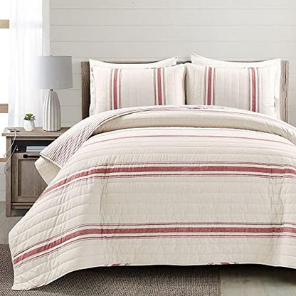 Lush Decor Farmhouse Stripe Reversible Cotton Quilt King Size 3 Piece Set Red - Farmhouse Bedding Set King Quilt - Striped Bedding
