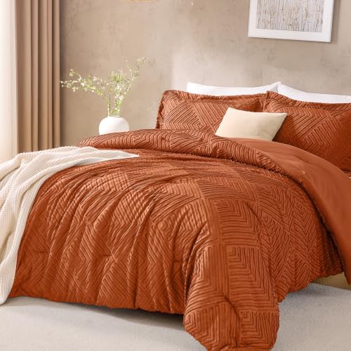 JOLLYVOGUE Full Size Comforter Set, Boho Tufted 3-Piece Bedding Set, Orange