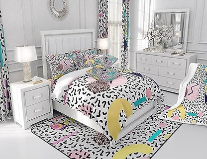 Manfei Memphis Comforter Set Queen Size, Vintage Hip Hop Quilt Set with 2 Pillowcases, Retro 80s or 90s Geometric Fashion Style Bedding Set 3pcs for Kids Boy Girls Lightweight Duvet Insert