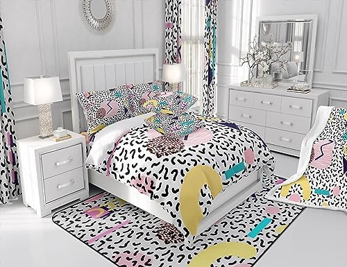 Manfei Memphis Comforter Set Full Size, Vintage Hip Hop Quilt Set with 2 Pillowcases, Retro 80s or 90s Geometric Fashion Style Bedding Set 3pcs for Kids Boy Girls Lightweight Duvet Insert