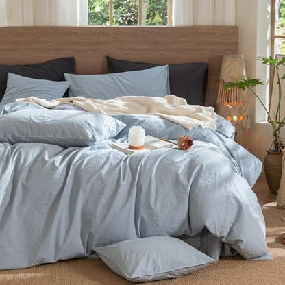 MooMee Wavy Striped Duvet Cover Set 100% Washed Cotton Linen Like Textured Breathable Durable Soft Comfy (Cornflower Blue, Super King 108"x98")