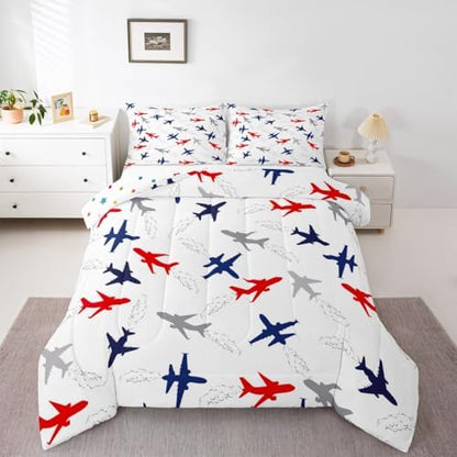 Feelyou Aircraft Flying Comforter Set King Size Airplane Print Bedding Set for Kids Boys Girls Air Transport Duvet Quilt Bedroom Decor Microfiber 3 Pcs with 2 Pillow Cases