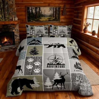 Rustic Farmhouse Cabin Kids Comforter Set King Size,Deer Bear Hunting Adventure Bedding Set for Boys Girls Adults Room Decor,Geometric Plaids Down Comforter,Gray Green Duvet Insert,2 Pillowcases