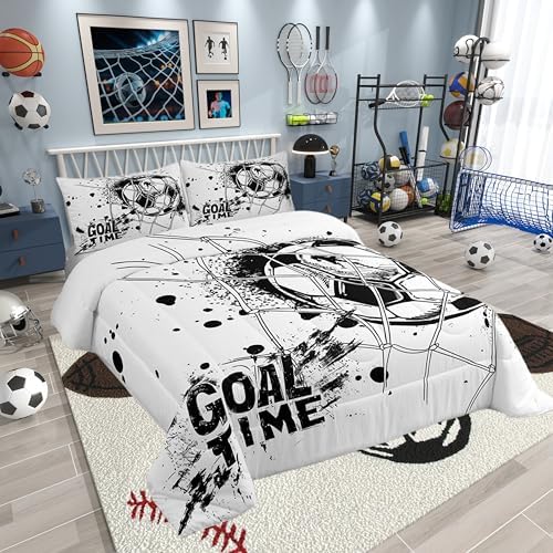 Erosebridal Kids Football Comforter Set Twin Size American Soccer Bedding Set Sports Games Duvet Sets for Boys Girls Children Teens Geometric Polygon Quilt for Bedroom, Black White