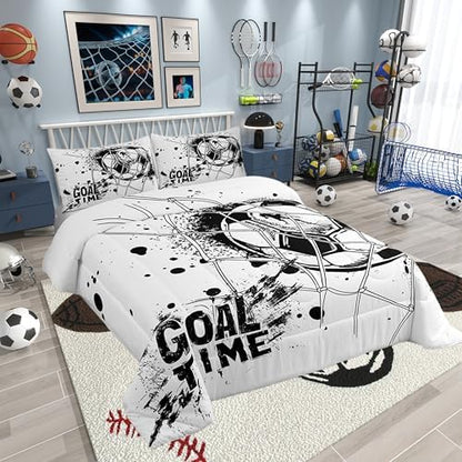 Erosebridal Kids Football Comforter Set Full Size American Soccer Bedding Set Sports Games Duvet Sets for Boys Girls Children Teens Geometric Polygon Quilt for Bedroom, Black White