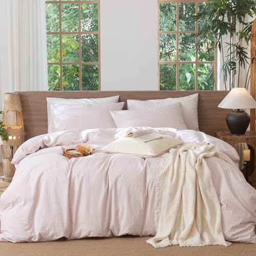 MooMee Striped Duvet Cover Set 100% Washed Cotton Linen Like Twin